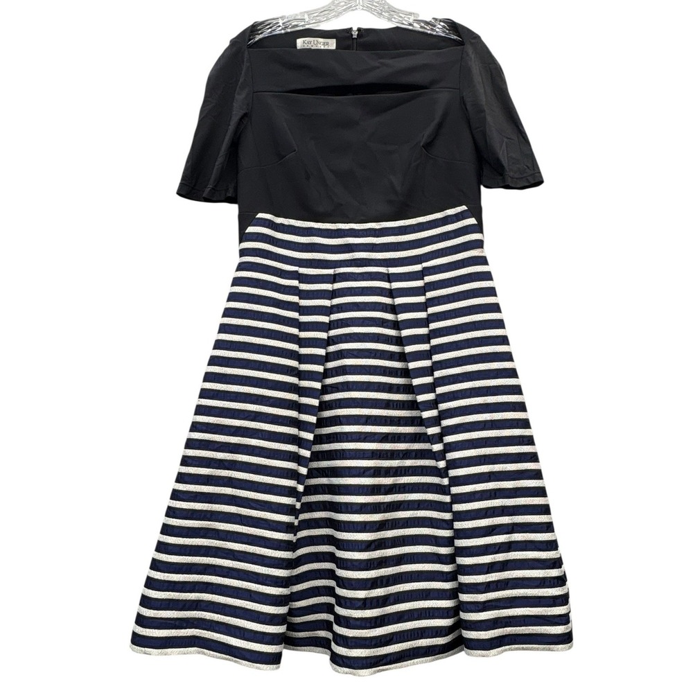 Kay Unger Formal Black Stripe Fit Flare Midi Dress Pleated‎ Skirt Classic Chic 8